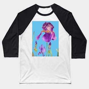 Iris Watercolor Painting - Elegant Purple on Blue Baseball T-Shirt